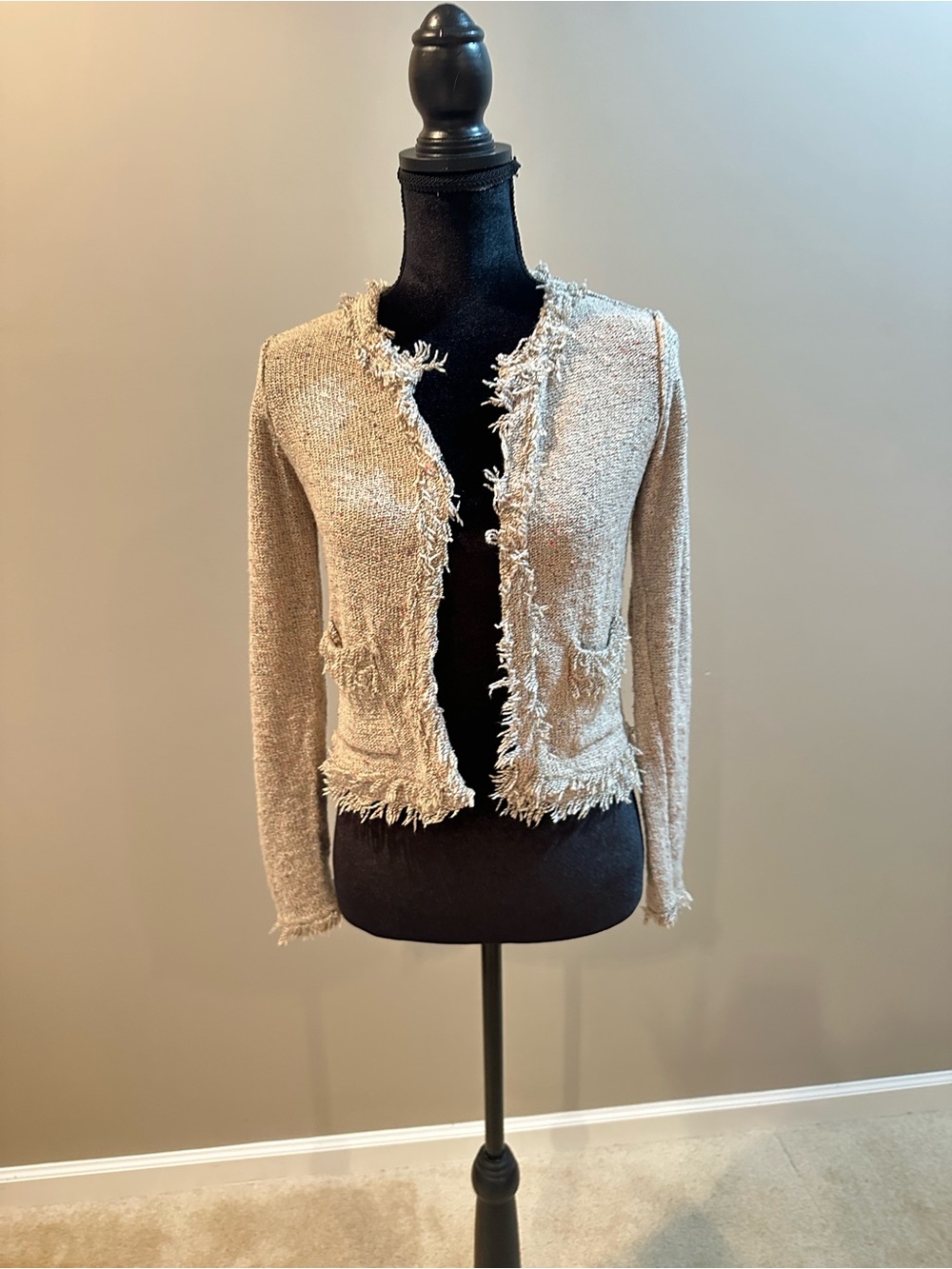 Joie Fringe-Trim Open Front Cardigan in Cream